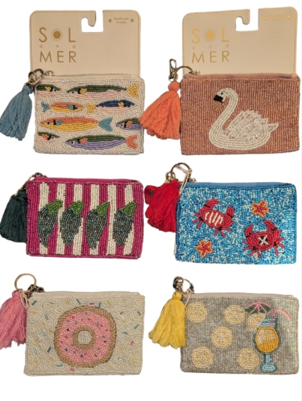 Sol and Mer Hand Beaded Small Zipper Bags 6pc Lot